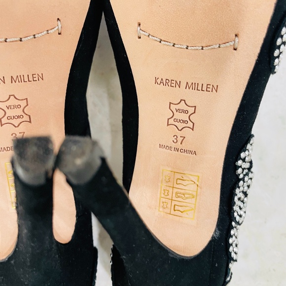 KAREN MILLEN {6} Black Silver Beaded Pumps Peep Toe Stiletto - Picture 12 of 16